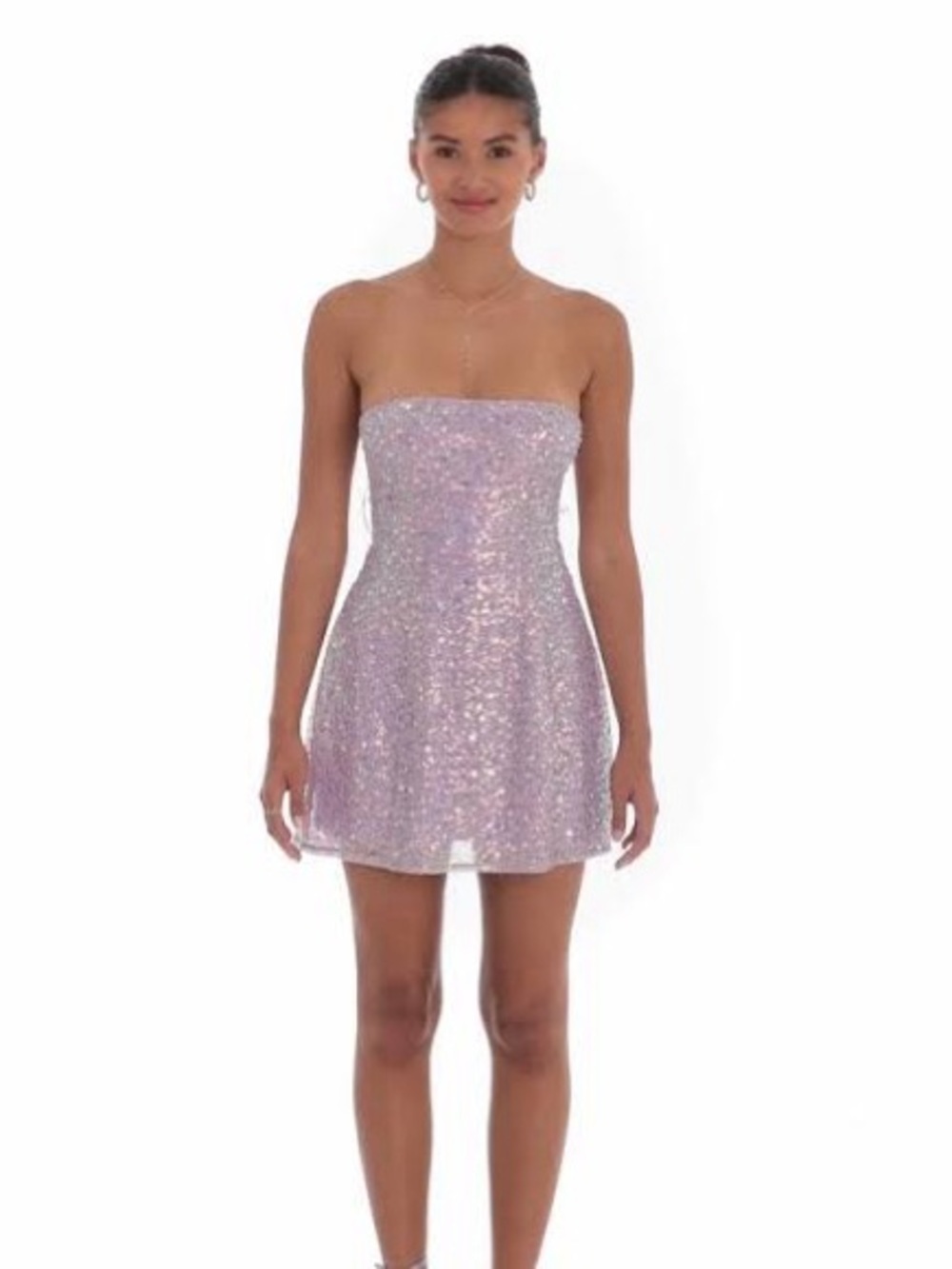 Lucy in the Sky Lavender Sequin Strapless Mini Dress tie back small purple